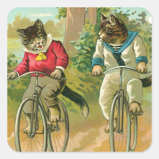 Vintage Katzen auf dem Fahrrad Quadratischer Aufkleber