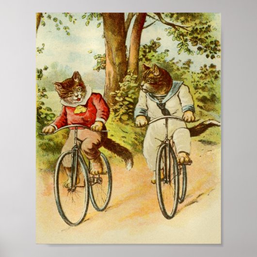 Vintage Katzen Fahrradfahren Illustration Poster (Vorne)