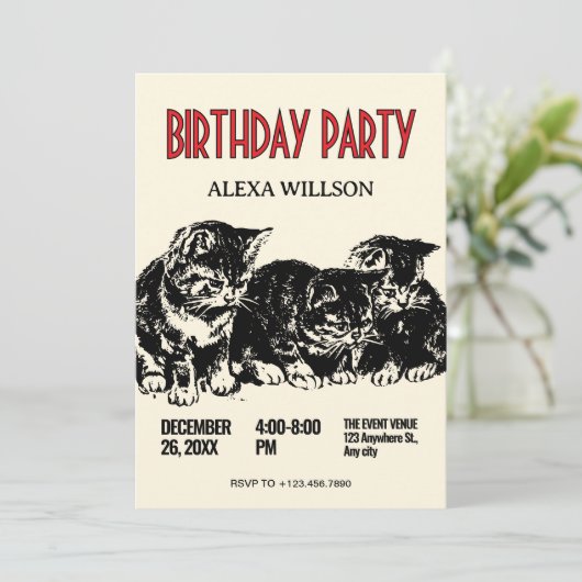 Vintage Katzen Geburtstag Einladung (Stehend Vorderseite)