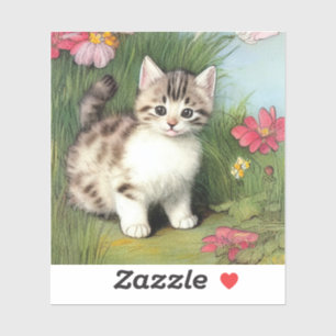 Vintage Katzen-Illustration mit roten Blume Aufkleber