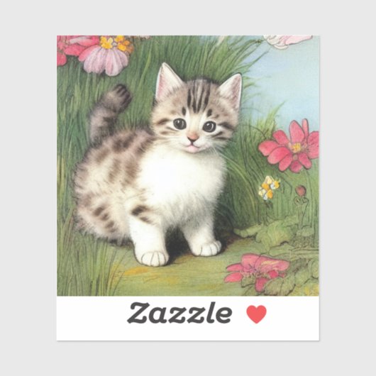 Vintage Katzen-Illustration mit roten Blume Aufkleber (Blatt)