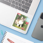 Vintage Katzen-Illustration mit roten Blume Aufkleber (Laptop mit iPhone)