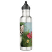 Vintage Katzen-Illustration mit roten Blume Edelstahlflasche (Rechts)