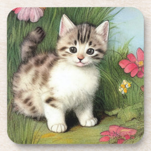 Vintage Katzen-Illustration mit roten Blume Getränkeuntersetzer