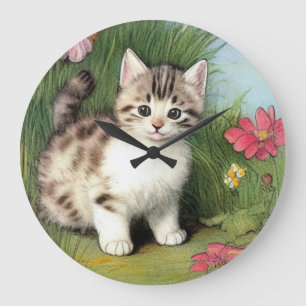 Vintage Katzen-Illustration mit roten Blume Große Wanduhr