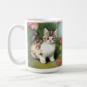 Vintage Katzen-Illustration mit roten Blume Kaffeetasse