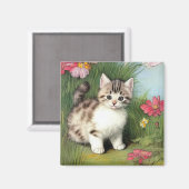 Vintage Katzen-Illustration mit roten Blume Magnet (Vorderseite/Rückseite)