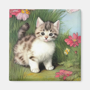 Vintage Katzen-Illustration mit roten Blume Magnet
