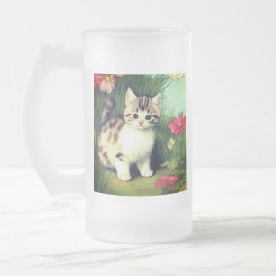 Vintage Katzen-Illustration mit roten Blume Mattglas Bierglas
