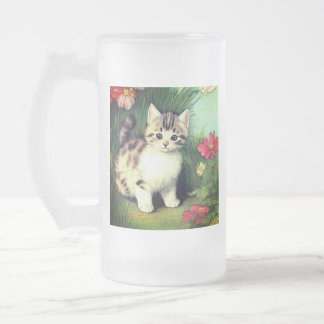 Vintage Katzen-Illustration mit roten Blume Mattglas Bierglas