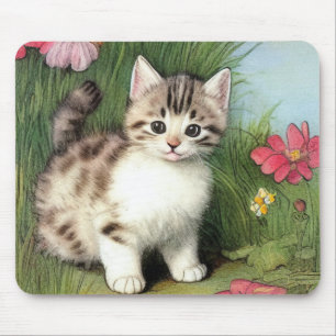 Vintage Katzen-Illustration mit roten Blume Mousepad