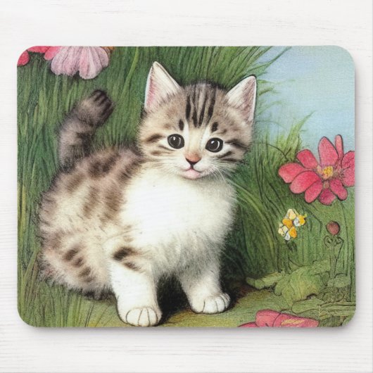 Vintage Katzen-Illustration mit roten Blume Mousepad (Vorne)