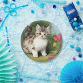 Vintage Katzen-Illustration mit roten Blume Pappteller (Party)