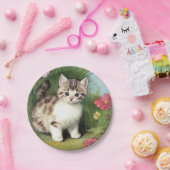 Vintage Katzen-Illustration mit roten Blume Pappteller (Party)