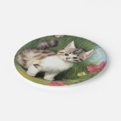 Vintage Katzen-Illustration mit roten Blume Pappteller (Schrägansicht)