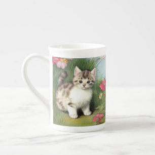 Vintage Katzen-Illustration mit roten Blume Porzellantasse
