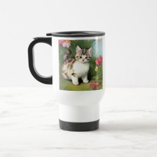 Vintage Katzen-Illustration mit roten Blume Reisebecher