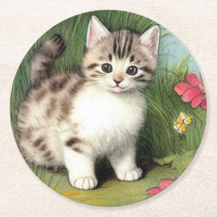 Vintage Katzen-Illustration mit roten Blume Runder Pappuntersetzer