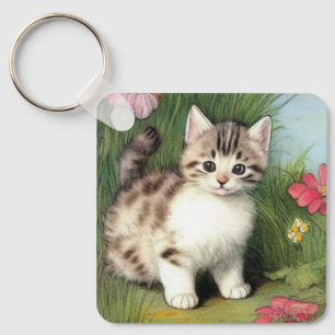 Vintage Katzen-Illustration mit roten Blume Schlüsselanhänger