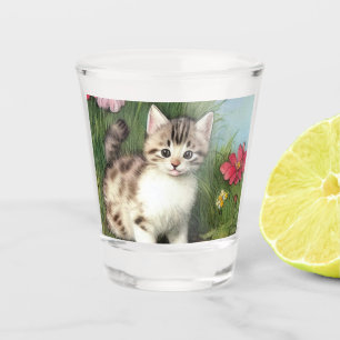 Vintage Katzen-Illustration mit roten Blume Schnapsglas