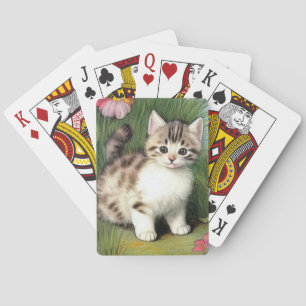 Vintage Katzen-Illustration mit roten Blume Spielkarten