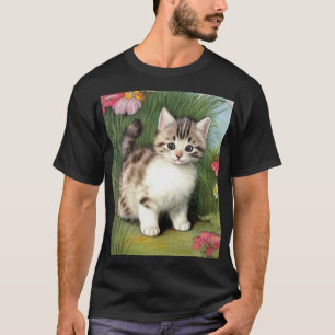 Vintage Katzen-Illustration mit roten Blume T-Shirt