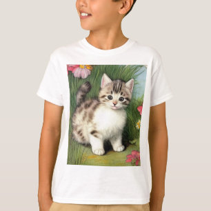 Vintage Katzen-Illustration mit roten Blume T-Shirt
