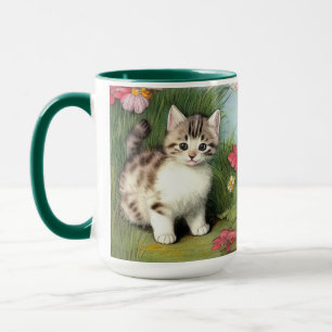 Vintage Katzen-Illustration mit roten Blume Tasse