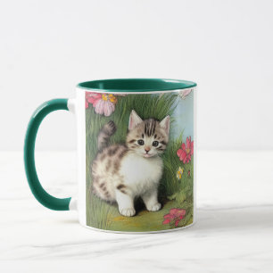 Vintage Katzen-Illustration mit roten Blume Tasse