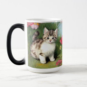 Vintage Katzen-Illustration mit roten Blume Verwandlungstasse