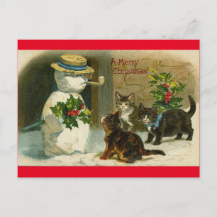 Vintage Katzen-Schnee-Mann-frohe Feiertagspostkarte