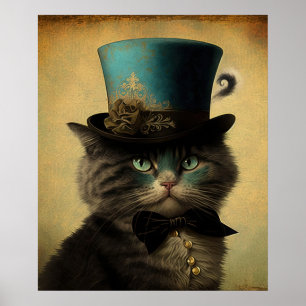 Vintage Katzen-Selbstporträt mit blauem Modehut Poster