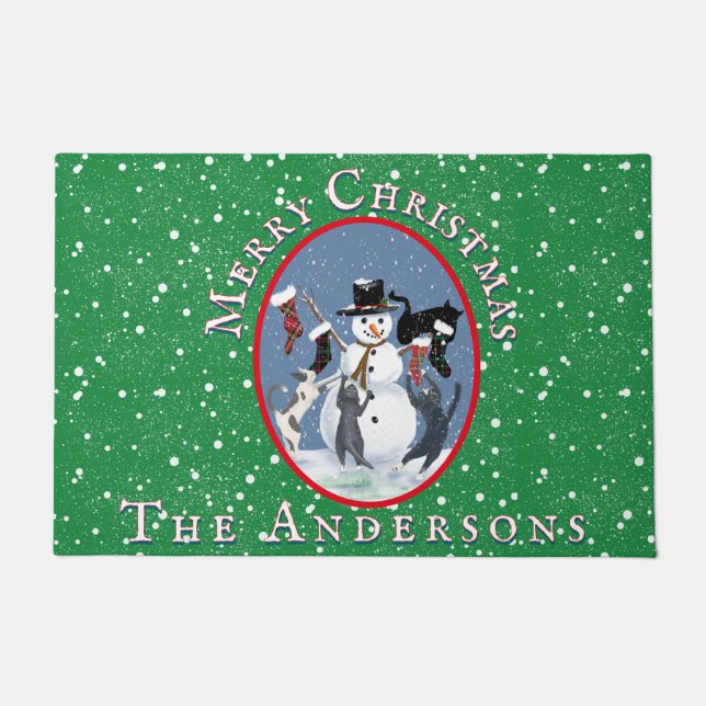 Vintage Katzen und Snowman Green Custom Weihnachte Fußmatte (Vorderseite)
