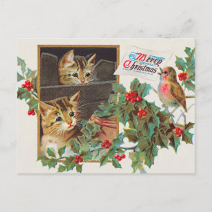 Vintage-Katzen und Vogel-Feiertagspostkarte Feiertagspostkarte