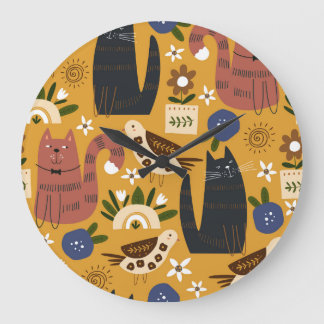 Vintage Katzen und Vögel, handgezeichnet. Große Wanduhr