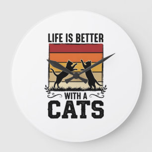 Vintage-Katzen-Zitat Retro-Sonnenuntergang Katzenl Große Wanduhr