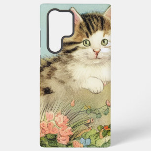 Vintage-Katzenillustration mit rosa Blumen Samsung Galaxy Hülle