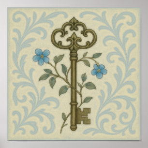 Vintage Key & Blue Florale Wandkunst - Antiker Sti Poster