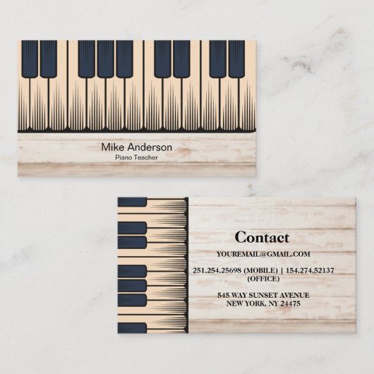 Vintage Keyboard Piano Teacher Business Card Visitenkarte (Vorne/Hinten)