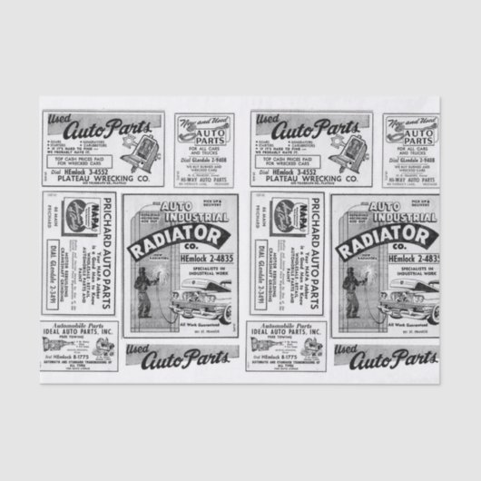 Vintage Kfz-Anzeigendekoupage, Geschenk Seidenpapier (Vorderseite)