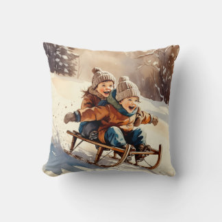 Vintage Kids Sled Ride Watercolor Winter Kissen