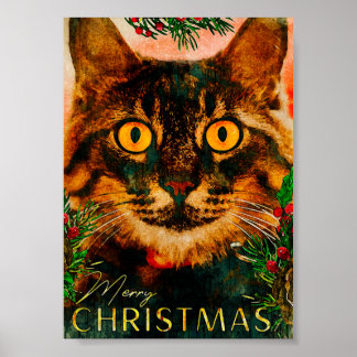 Vintage Kiefernzweig und Leaf Katze frohe Weihnach Poster