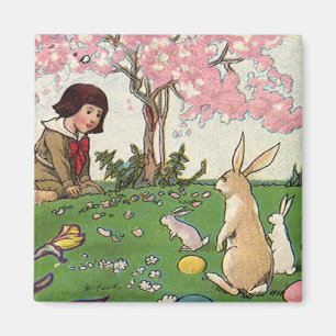 Vintage Kind auf einer Ostereiersuche mit Tieren Magnet