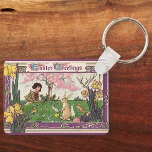 Vintage Kind auf einer Ostereiersuche mit Tieren Schlüsselanhänger