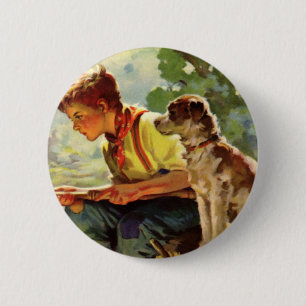 Vintage Kind, Junge fischt mit seinem Hund Mutt Button