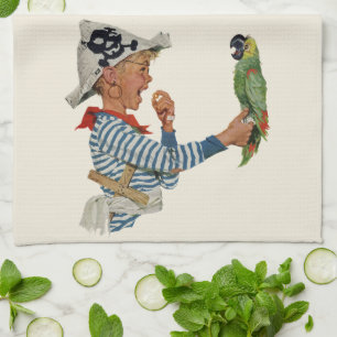 Vintage Kind, Junge spielt Pirat Papagei Vogel Geschirrtuch