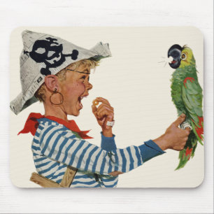 Vintage Kind, Junge spielt Piratenpapagei Mousepad