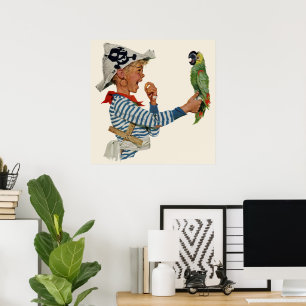 Vintage Kind, Junge spielt Piratenpapagei Poster