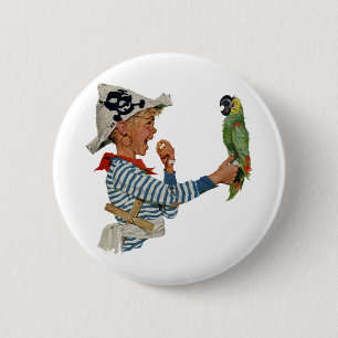 Vintage Kind, Junge spielt Piratenpapagei Vogel Button