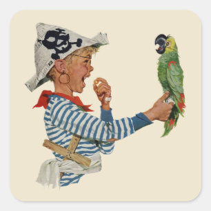 Vintage Kind, Junge spielt Piratenpapagei Vogel Quadratischer Aufkleber
